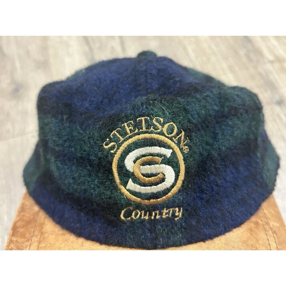 Vintage Stetson Country Wool Plaid Leather Strapback Hat Cap Blackwatch USA
